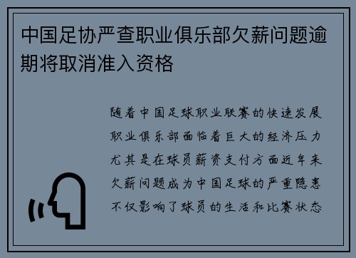 中国足协严查职业俱乐部欠薪问题逾期将取消准入资格