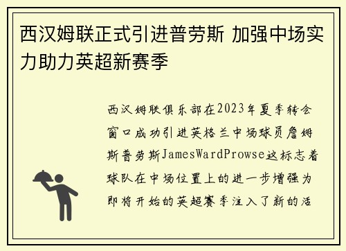 西汉姆联正式引进普劳斯 加强中场实力助力英超新赛季 西汉姆联正式引进普劳斯 加强中场实力助力英超新赛季