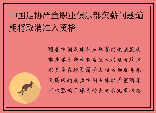 中国足协严查职业俱乐部欠薪问题逾期将取消准入资格